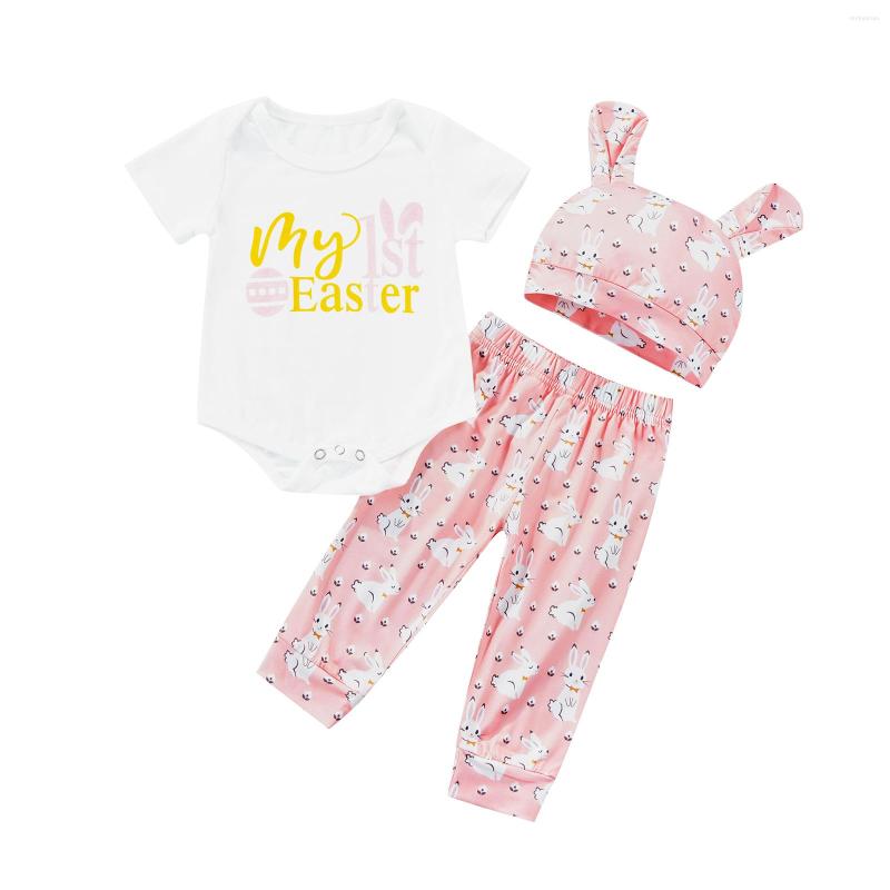 

Clothing Sets Easter Born Baby Girl Three-Piece Outfits Letter Print Short Sleeve Romper Trousers Cute Ears Hat, Picture shown