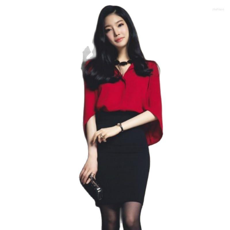 

Work Dresses 2 Pieces Sets Sexy Office Red Cloak Chiffon Shirt Tops Bandage Black Pencil Skirts Vintage Womens Vestido De Festa 2022, See picture