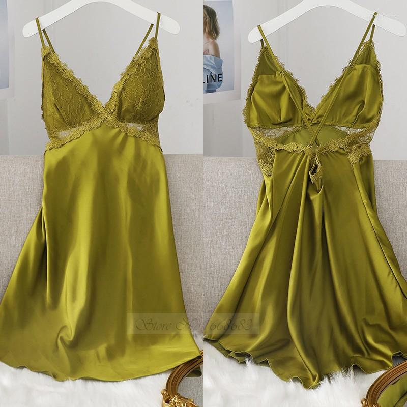 

Women's Sleepwear Sexy Patchwork Hollow Lace Nightgown Intimate Lingerie Summer Women Suspender Nightdress Casual Satin Home Dress, Gray b
