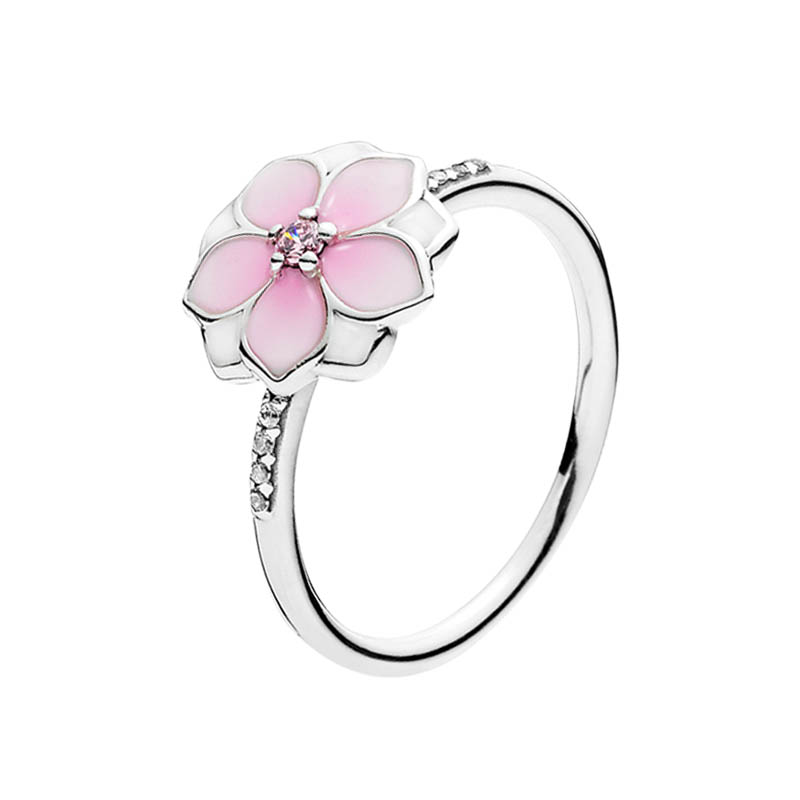 

Pink Magnolia Bloom Ring Authentic Sterling Silver Cute Women Wedding designer Jewelry with Original Box for Pandora Pale Cerise Enamel flowers Rings