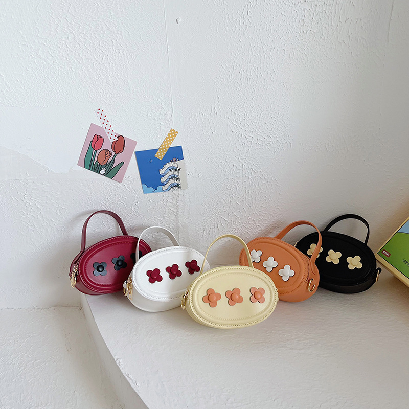 

Luxury children flowers applique handbags kids oval PU leather single shoulder bag girls messenger princess bags Q9020, Black