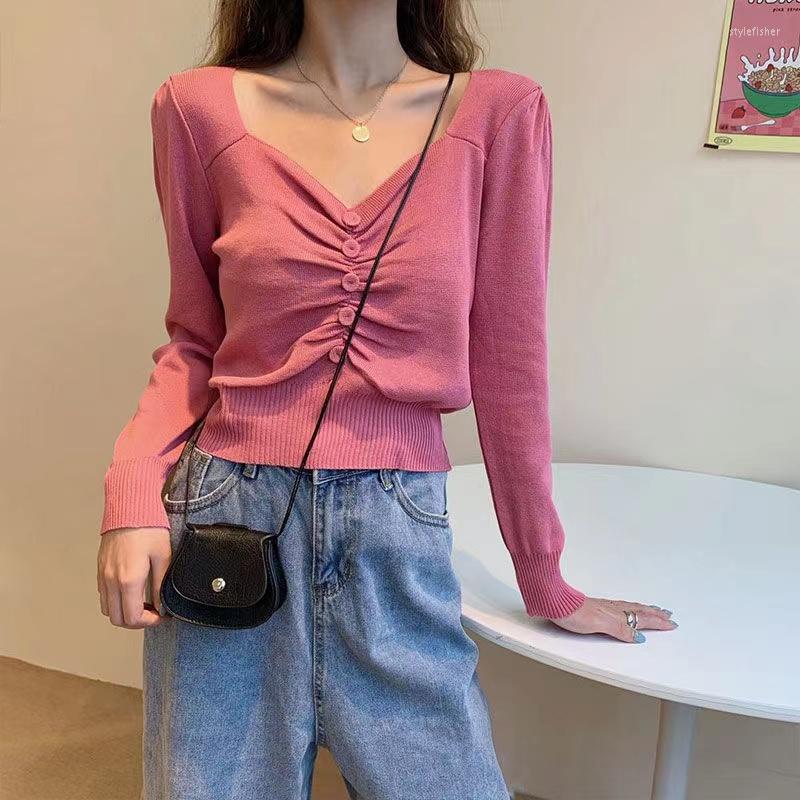 

Women's Sweaters Spring Autumn 2022 Chic Ruched Long Sleeve Top Female Elegant Blouse Knitted T Shirt V Neck Jumper With Buttons Sweater, Green