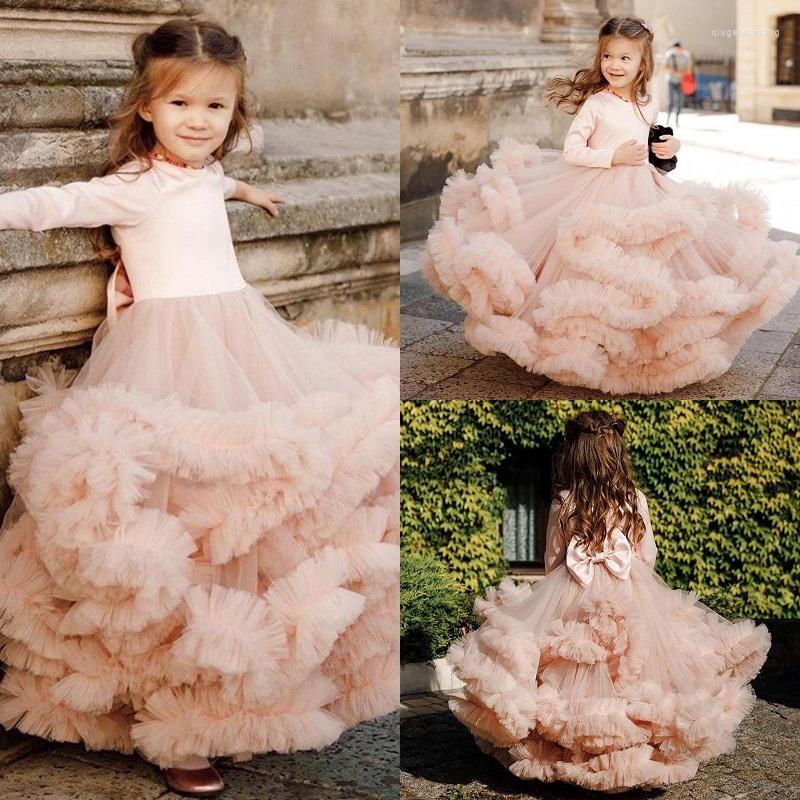 

Girl Dresses Tiered Puffy Flower Pink Tulle Children Wedding Communion Pageant Party Gowns, As image