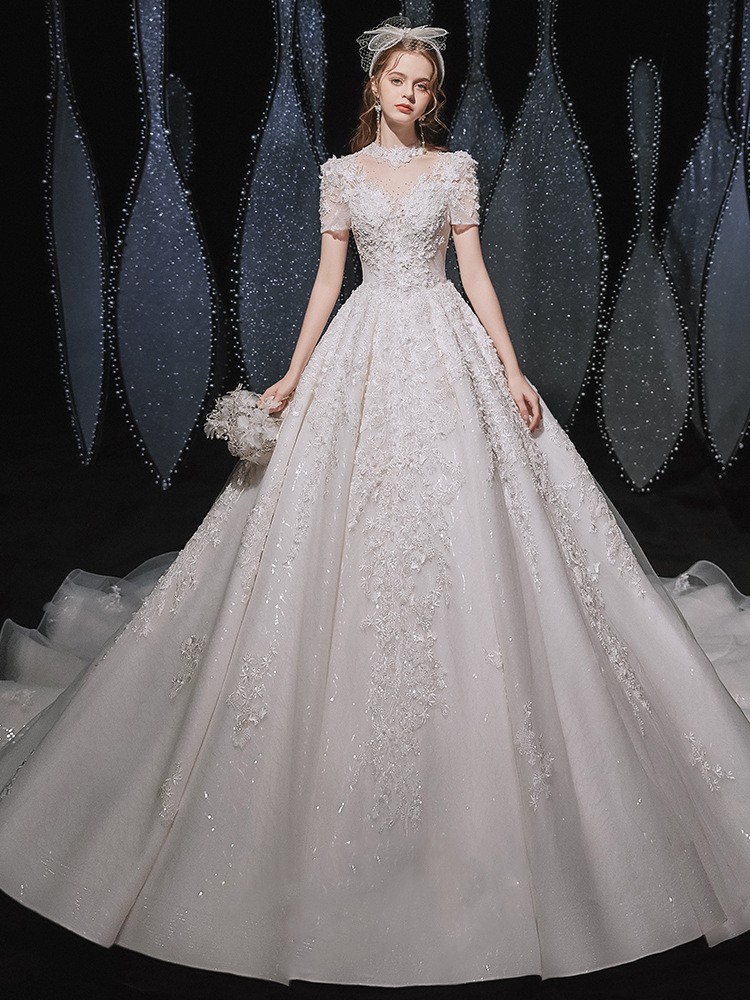 2023 luxe cristal perles robe de mariée manches longues en dentelle encolure dégagée une ligne robes de mariée balayage train robes sur mesure