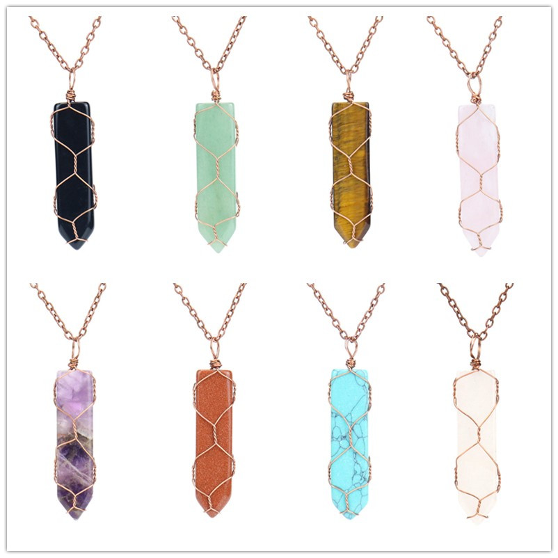 

Sword Shape Natural Stone Pendant Wire Wrapped Copper Net Pocket Sweater Chain Necklace Healing Reiki Weave Rope Wholesale