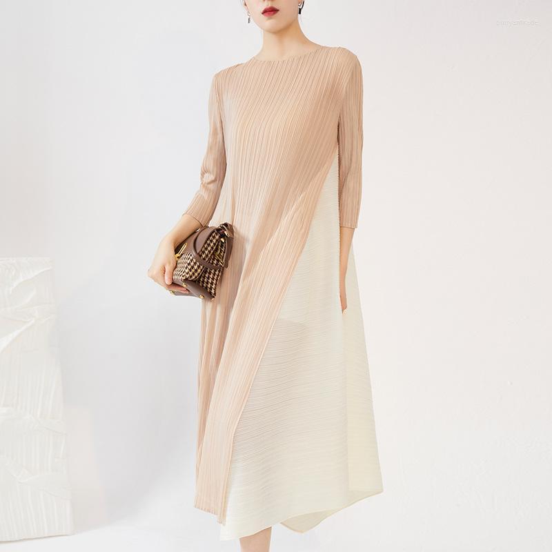 

Party Dresses Miyake Pleated Dress Women' Summer Design Sense Niche Round Neck Contrast Color Irregular Mid-length Loose Casual All-mat, Picture color
