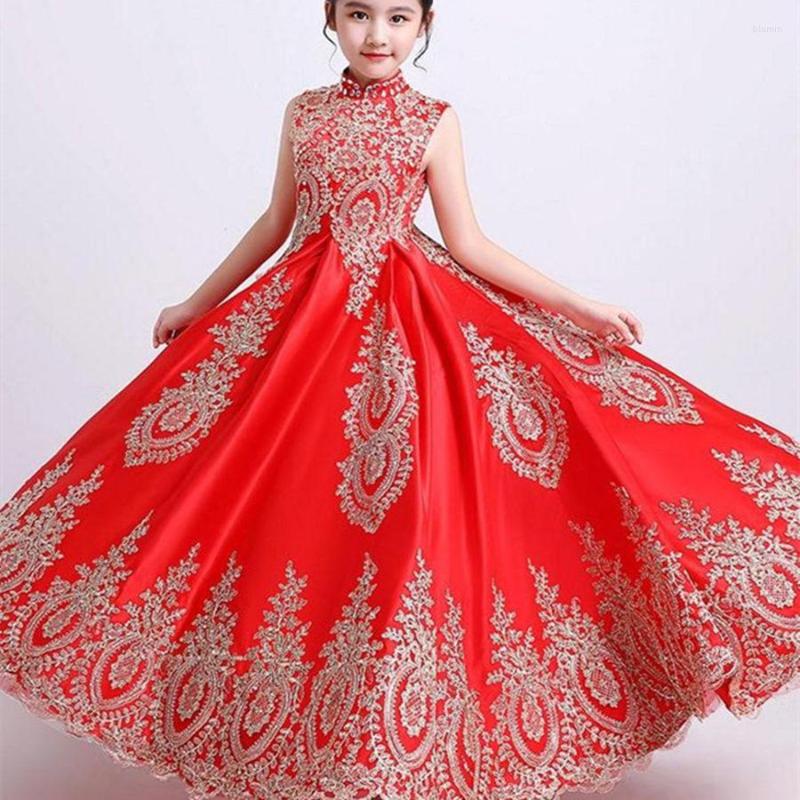 

Girl Dresses Elegant Satin Flower Girls Princess Sleeveless Lace Applique Wedding Party Gown First Holy Communion, White
