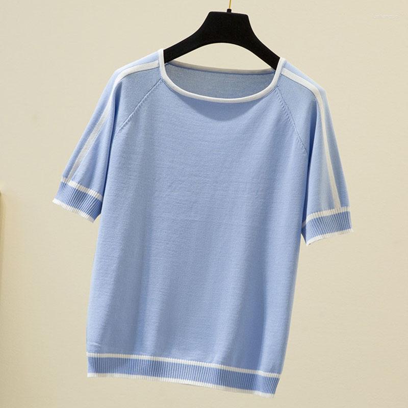 

Women's Sweaters 2022 Summer Thin Knitted Women Sweater Contrast Color Short Sleeve Ladies O-Neck Tops For Pullovers Woman Clothes, Black