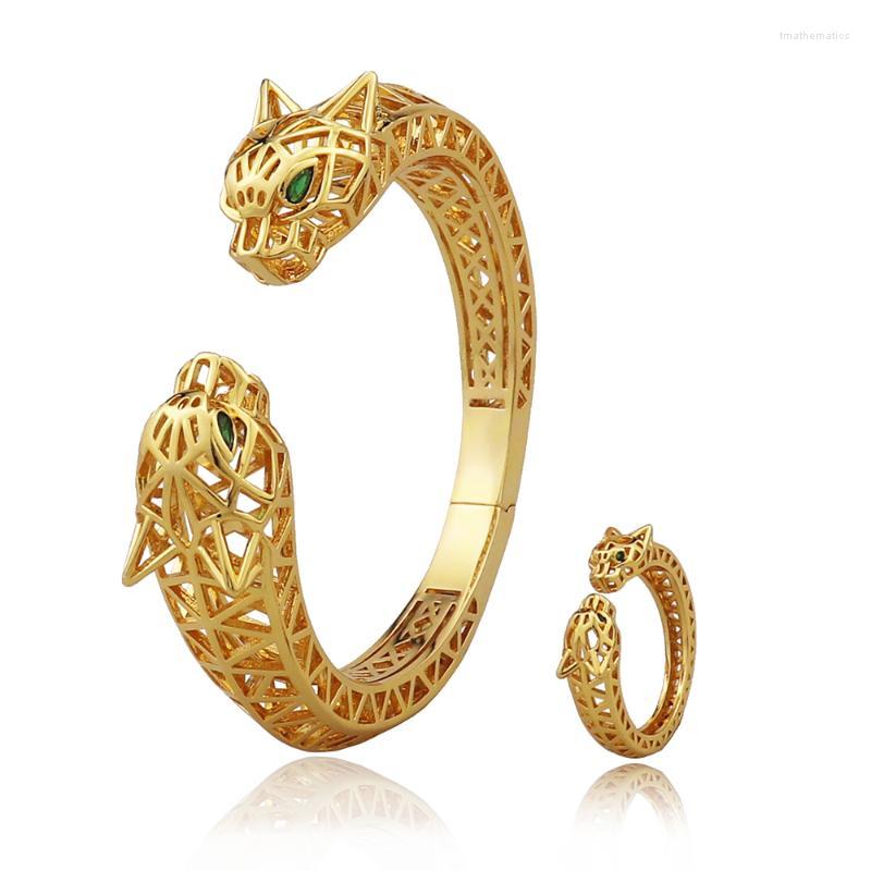 

Necklace Earrings Set & Classic Fashion High Quality Animal Series Double Leopard Head Hollow Bracelet With Open Ring Selling Jewelry B1358E, Picture shown
