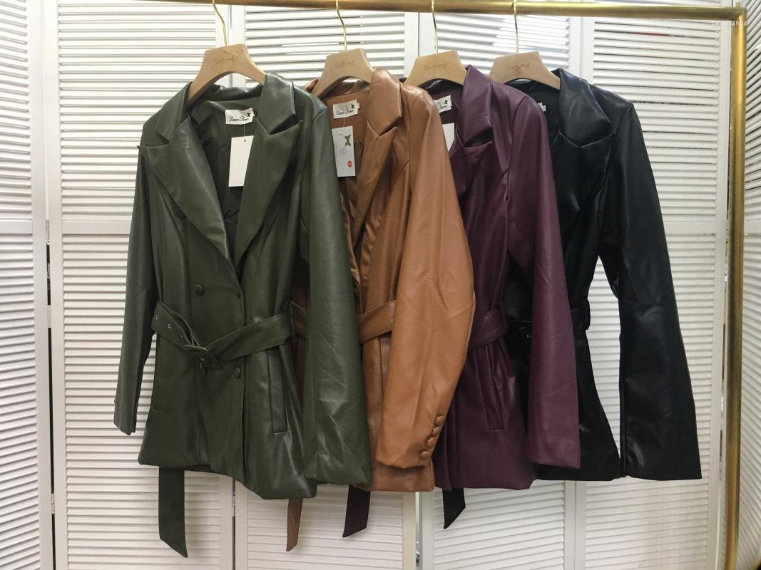 

Women' Leather Jaqueta De Couro Arrival Double Breasted Sashes Full Long 2022 Autumn Jacket Women' Mid-length V-neck Slim & Faux, Black