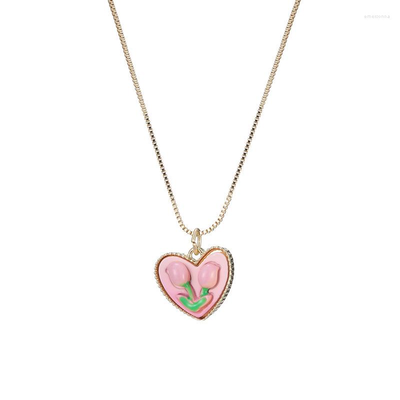 

Choker Enameled Pink Tulip Flower Pendant Women Necklace Birthday Party Gift