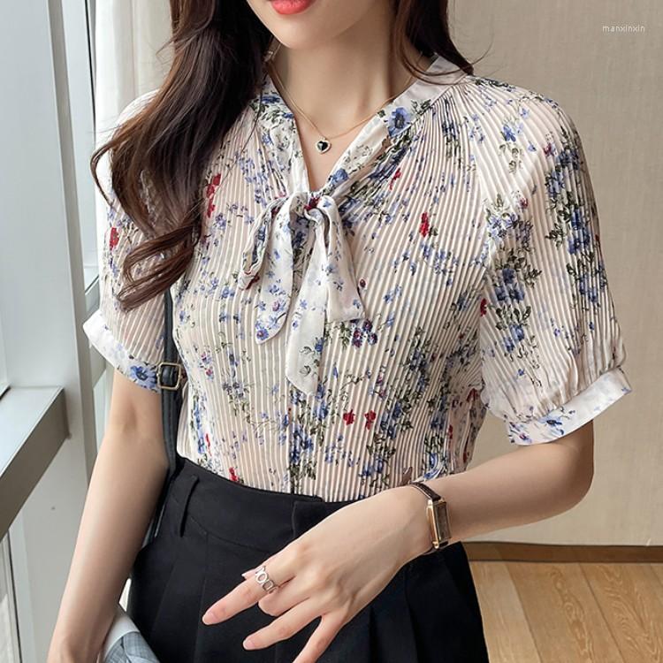 

Women' Blouses Vintage Flowers Print Office Lady Chiffon Blouse Female Shirt Loose Bow Tops Short Sleeve Casual Korean, Photo color