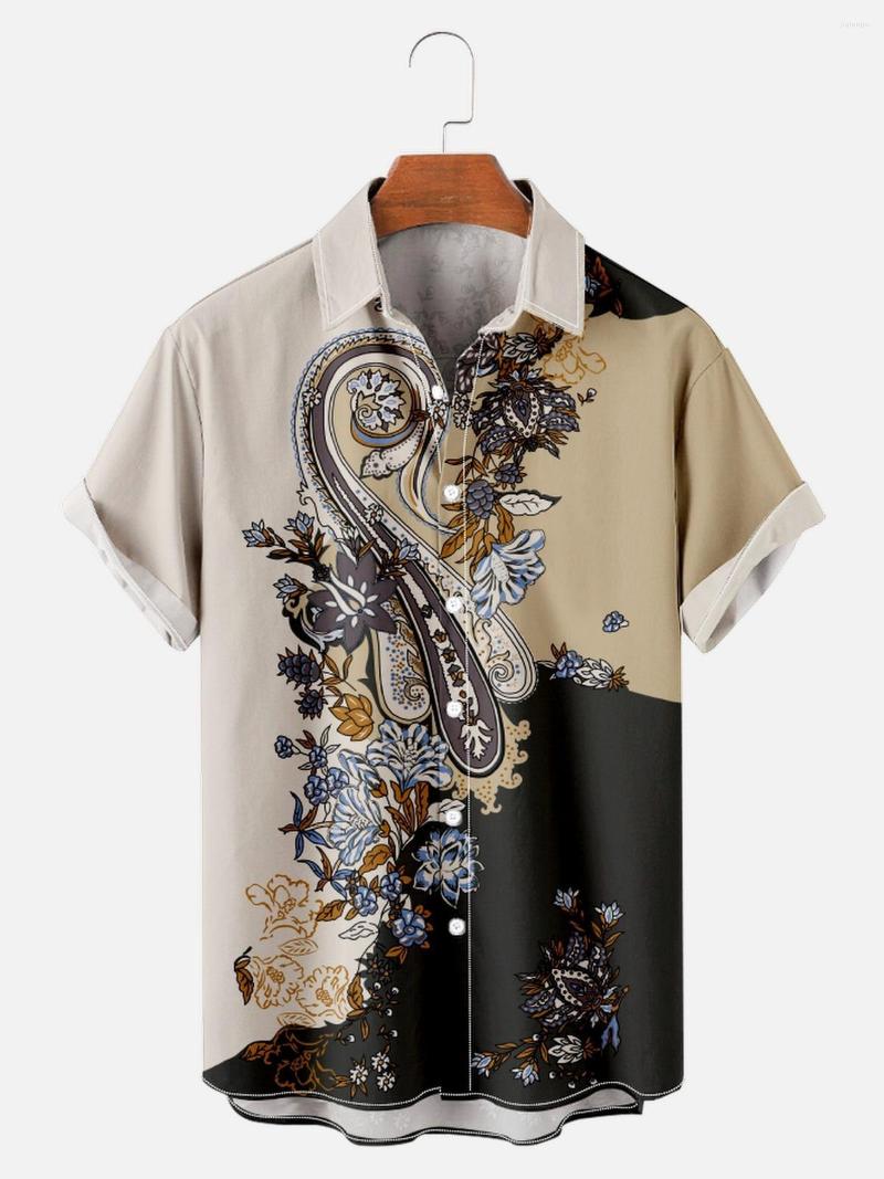 

Men's Casual Shirts Beige Chinese Style Cashew Print Short Sleeve Shirt Harajuku Streetwear Men Hawaiian Summer Hip Hop Button Up Beach