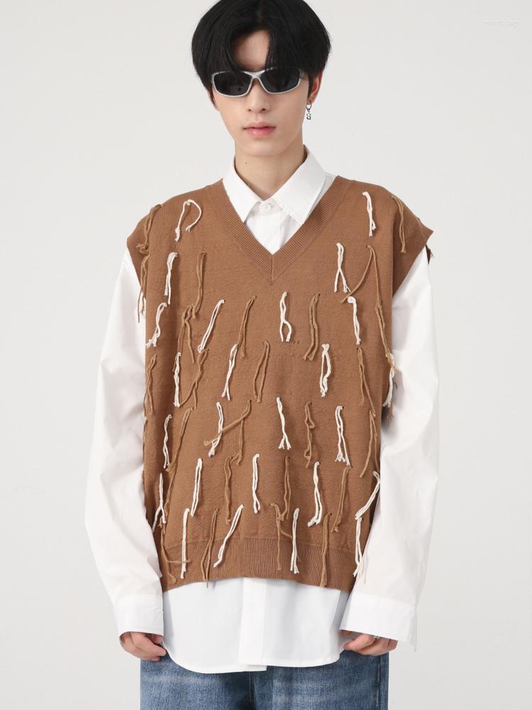 

Men's Vests SYUHGFA Men Clothing Tassel Knitted Vest V-neck Handsome Sweater Korean Trend Streetwear 2022 Fashion, Green