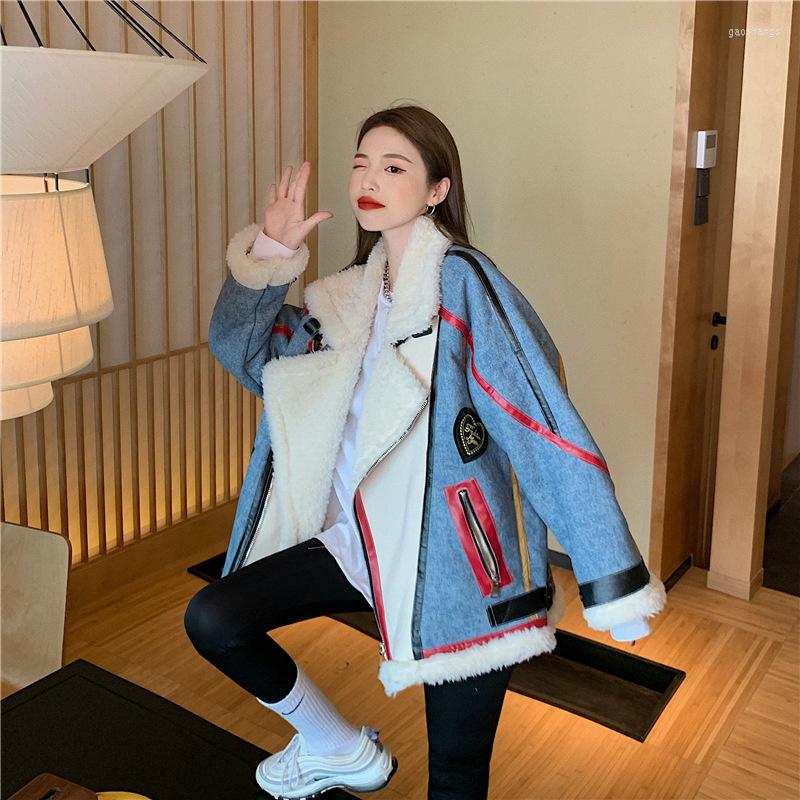 

Women's Trench Coats 2022 Winter Hong Kong Style Top Women's Korean Version Loose Stitching Imitation Denim Fur Coat C437a, Picture color