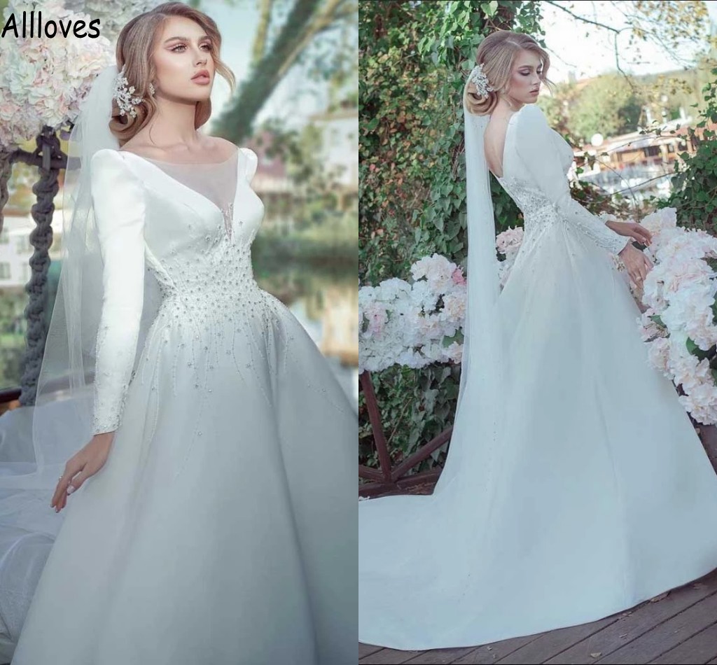 

White Satin A Line Wedding Dresses With Long Sleeves Sparkly Crystals Beaded Boho Garden Bridal Gowns Retro Vestidos De Novia Elegant Second Reception Dress CL1217, Blue