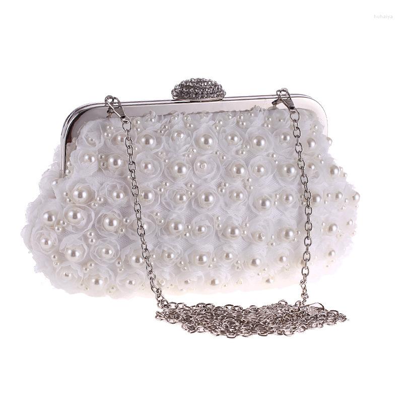 

Evening Bags Rhinestone Pearl Beaded Handbags Women White Clutch Bag Elegant Long Chain Clutches Luxury Wedding Bridal Purse