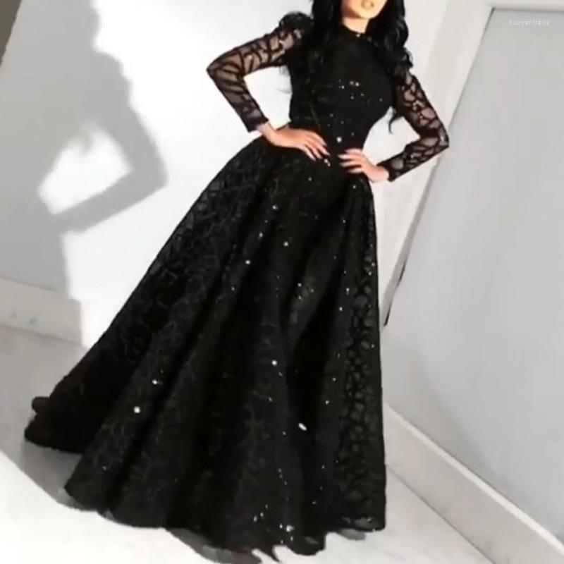 

Casual Dresses Women Dress 2022 Summer Long-Sleeved Sequined Expandable Elegant Gown Party High Waist Big Swing Black