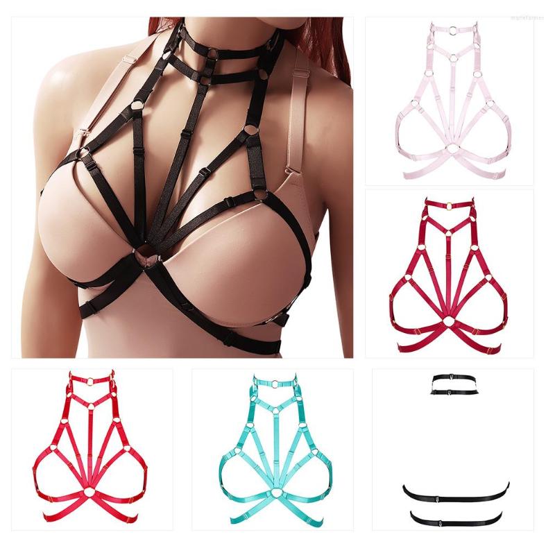 

Garters Bra Bondage Harness Bralette Wear Elastic Adjust Strap Body Top Sexy With Choker Cage Cupless, Black