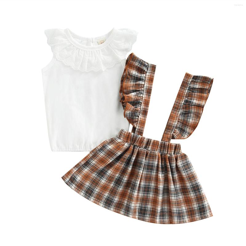 

Clothing Sets 0-5Years Girls 2Pcs Clothes Outfit Ruffle Neckline Tops Flying Sleeve Plaid Printed Suspender Dress, Picture shown