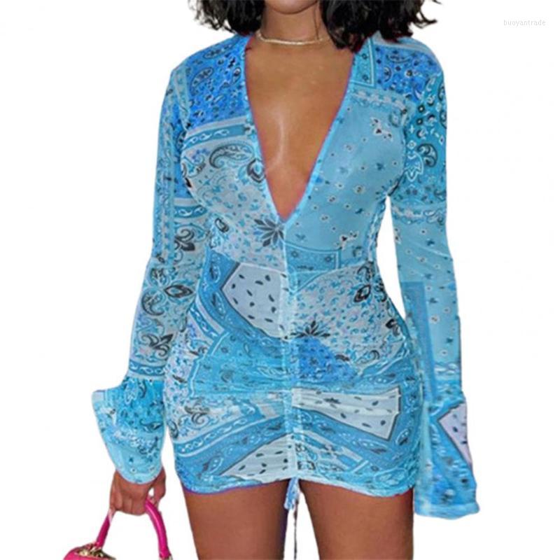 

Women' Swimwear Robe Femme Dress V-neck Floral Print Polyester Fiber Drawstring Design Women Sexy Leisure Summer 2022 Women, Blue