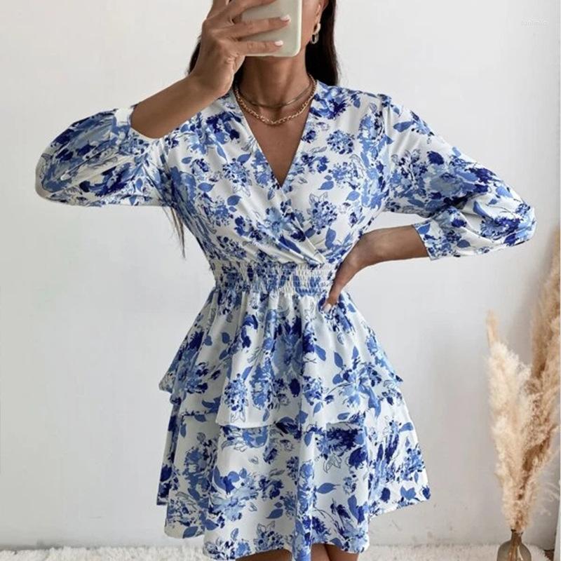 

Casual Dresses Floral Dress Women Slim Deep V Neck Elastic Waist Long Sleeve Pleated Layered Bodycon, Red
