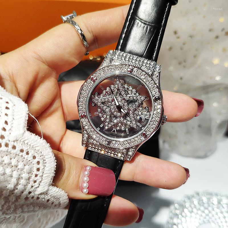 

Wristwatches Top Women Watches With Rhinestone Spinning Dial Ladies Watch Fashion Crystal Pentagram Diamond, Black