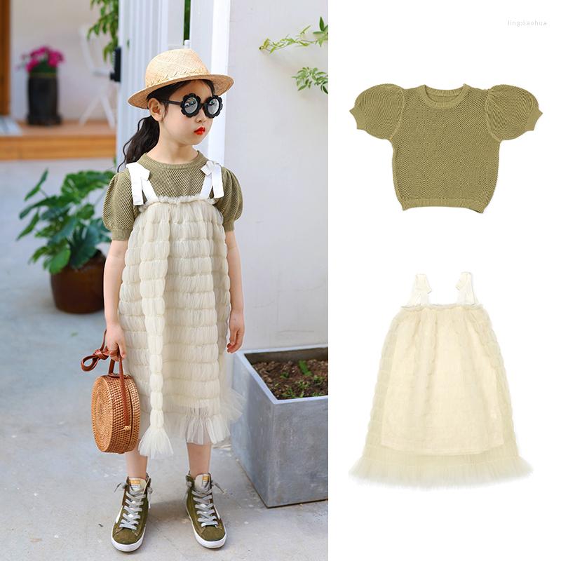 

Clothing Sets Girls Short-Sleeved 2022 Summer Girl Gauze Skirt Bow Camisole Long Knitted T-shirt Brand Children's, Beige