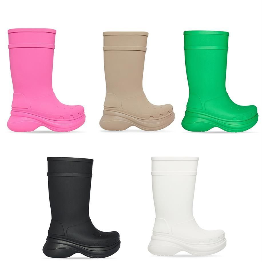 Designer CROSS rain boots High Platform Paris Big Head Thick Bottom Non-slip Ankle Boots Pink Rubber Winter Jelly Color All-match Long Boot Focalist