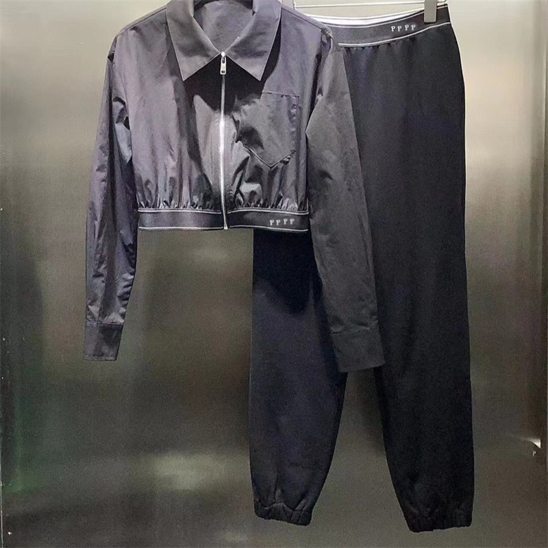 

Women' Two Piece Pants Sports Suit For Women 22 Early Spring Casual Lapel Zipper Short Top Elastic High Waist Wide Leg Pants, Black