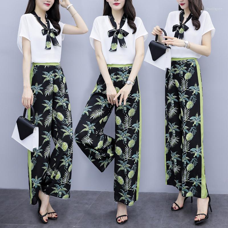 

Women' Two Piece Pants Summer Temperament Set Top And Printed Fashion Ensemble Femme Survetement V-neck Loose Year-old Female Costume