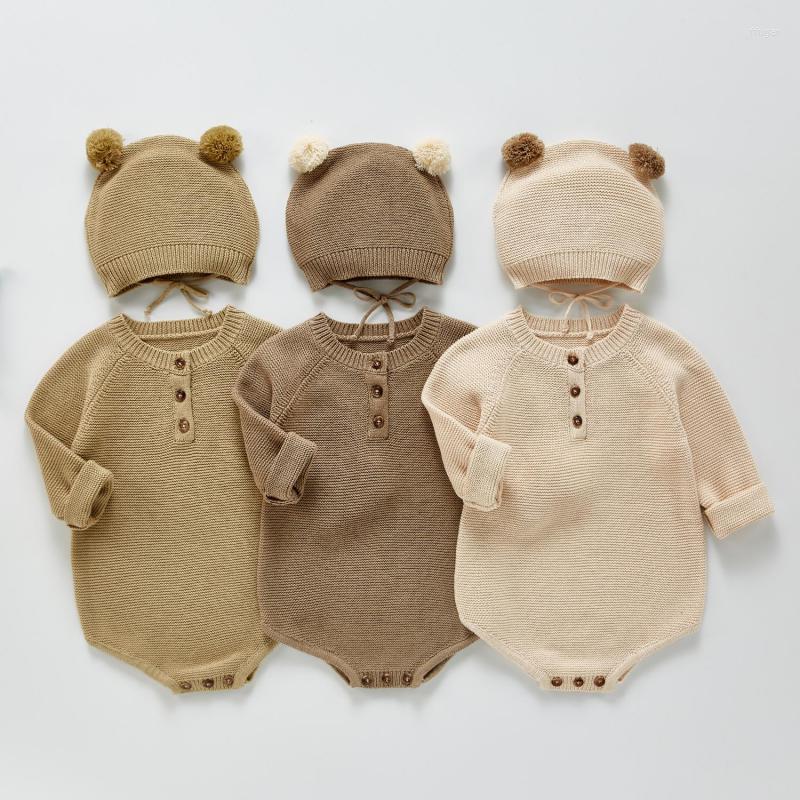 

Rompers Korean Ins Born Knitted Clothes Autumn Baby Bodysuits For Girls 0-24m Cute Climbing Jumpsuits 2pcs Hats Twins InfantsRompers