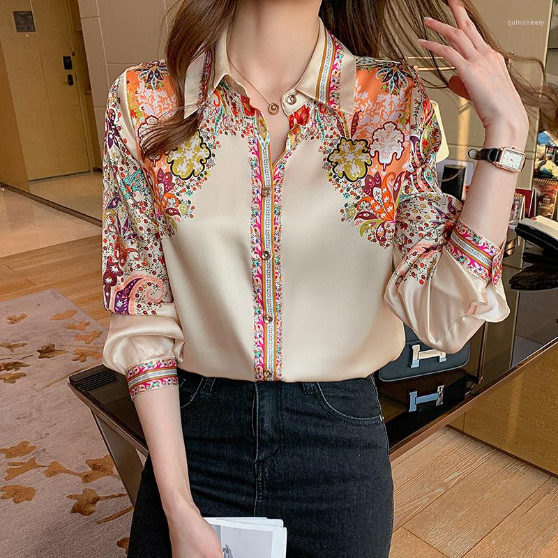 

Women's Blouses Spring Fashion Floral Print Blouse Women Satin Shirts Ladies Tops Autumn Long Sleeve Silk Blusa Mujer Clothes, Black
