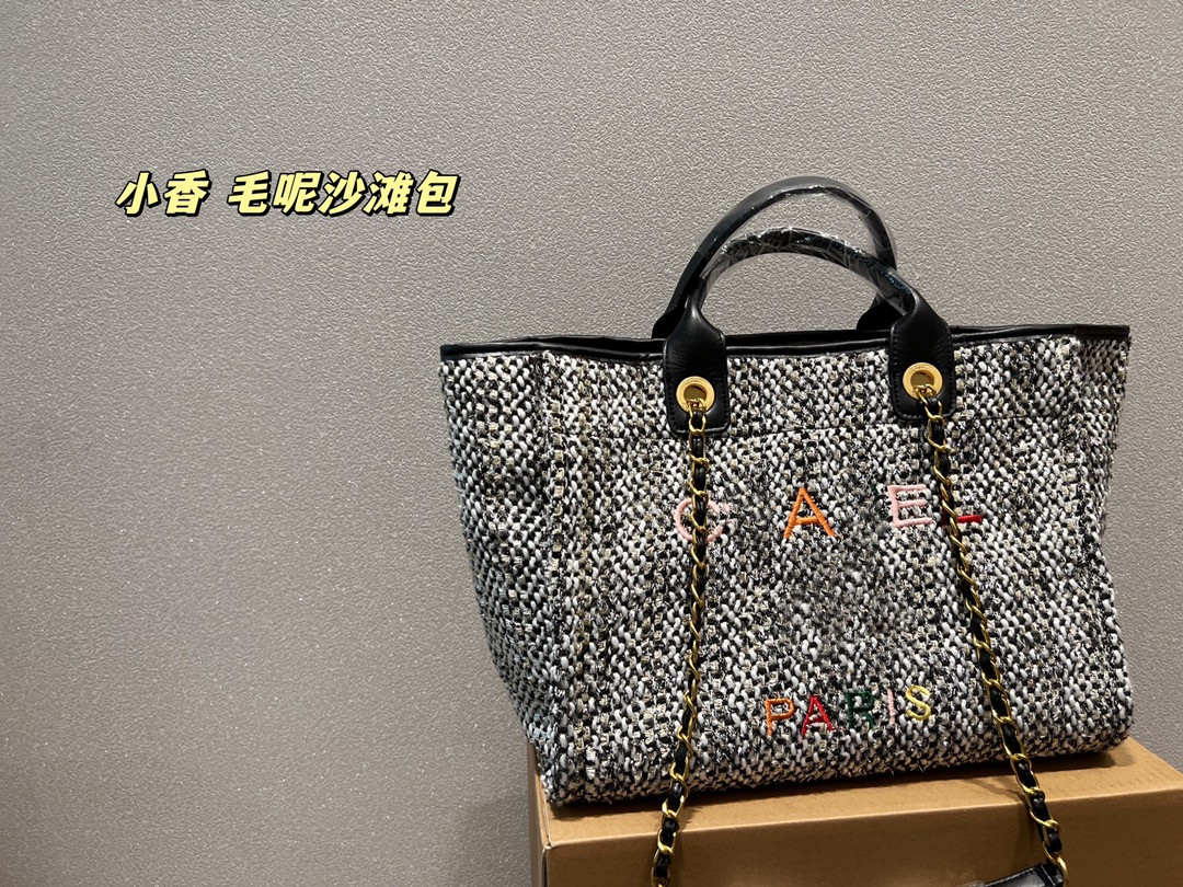 

Pre-fall Womens Tweed Deauville Chain Shopping Beach Bags With Rainbow Embroidery Letter Silver Hardware Shoulder Top Handle Totes Handbags 37X30cm