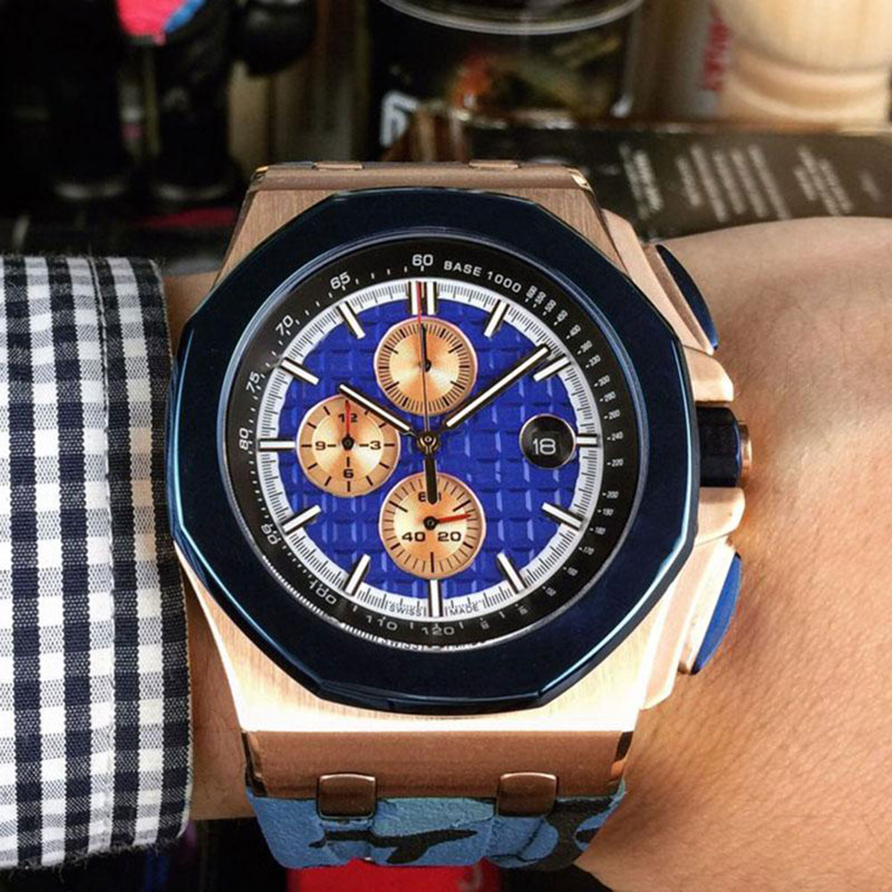 

Leisure Mens Wrist Watch Quartz Watches Fashion Designer WristWatches 45mm Rubber Strap Multifunction WristWatch for Men Life Waterproof Montre De Luxe, Color 4