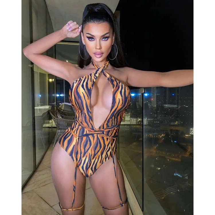 

Women' Swimwear Sexy hollow out halter swimsuit tiger print flame bandage one-piece bikini, 01