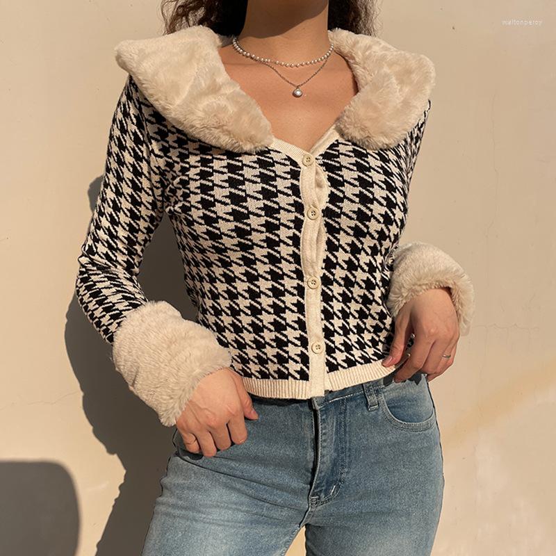 

Women' Knits Women Cardigan Sweaters Short Coat Knitted Fur Collar Long Sleeve Jacket Outerwear Knitwear Female Ladies Autumn Winter 2022, Khaki