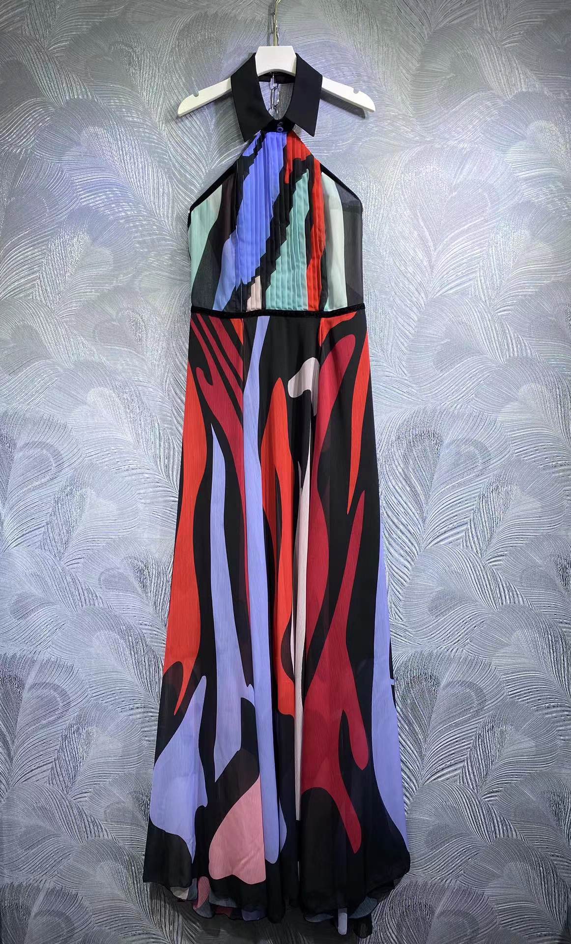

High-quality halter-neck silk blend printed sleeveless dress, As picture