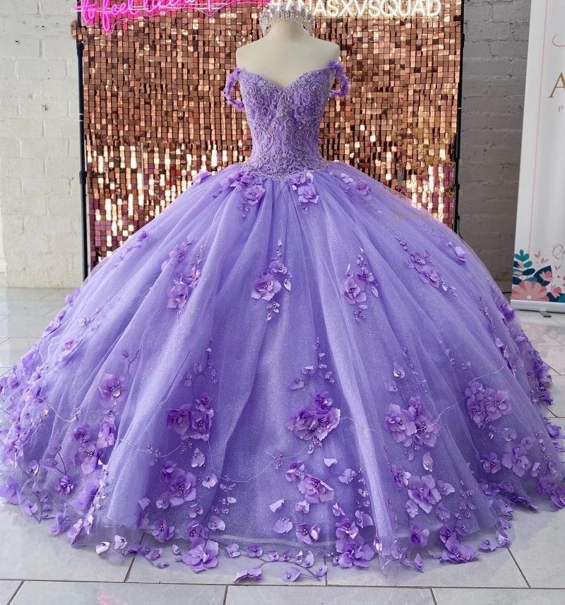 

2023 Lilac Quinceanera Dresses Handmade Flowers Applique Beaded Corset Back Off the Shoulder Neckline Custom Made Sweet 16 Princess Party Ball Gown Vestidos, Royal blue