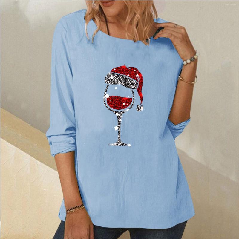 

Women's T Shirts Sleeve Shirt Womens Long Crewneck Christmas Pattern Wine Glass Printed Hem Top Casual Women S