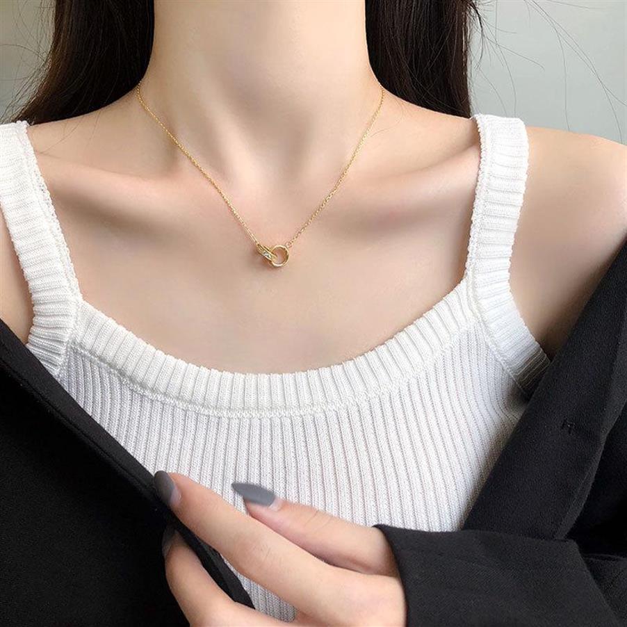 

Sterling Silver Double Circle Interlock Clavicle Short Necklace Color For Women Collares Erkek Kolye Chains233p