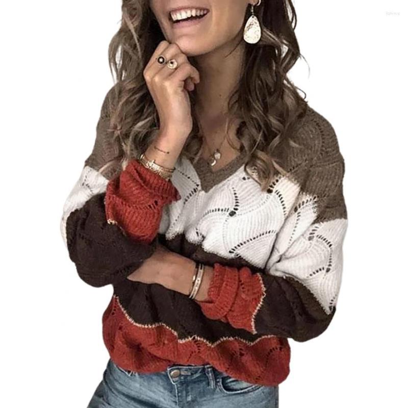 

Women's Sweaters Ele-Choices Women Autumn Winter V Neck Long Sleeve Color Block Knitted Sweater Hollow Jumper, Pink