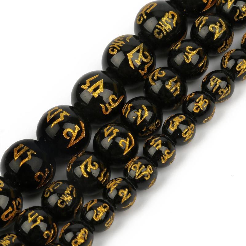 

Beads Six Word Mantra Prayer Feng Shui Black Obsidian Agate Round Buddha For DIY Bracelet Jewelry Making Accessories 15''