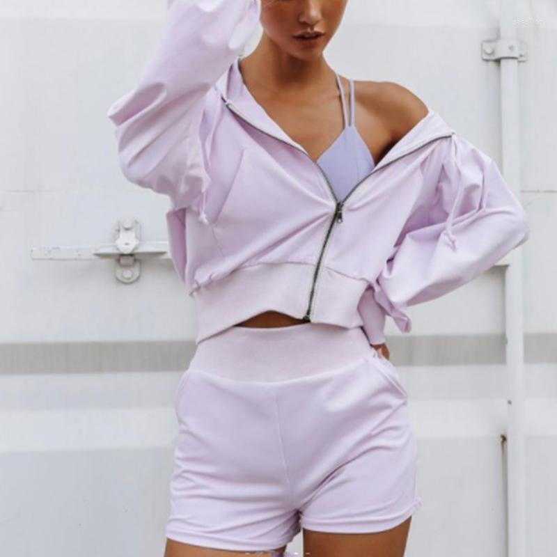 

Women' Tracksuits Womens Tracksuit 2 Piece Set Sport Pocket Shorts Crop Tops Hooded Zipper Suit Ladies 2022 Summer Fashion Streetwear, Purple