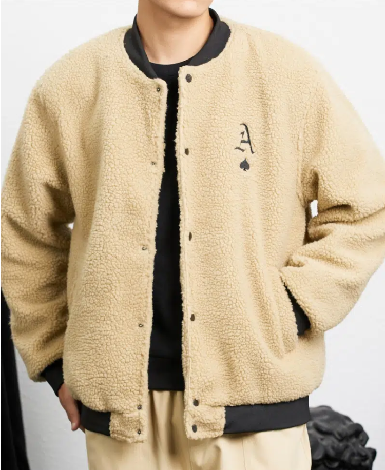 

Men' Lamb Wool Letter Embroidered Jacket / Style Baseball Collar, Khaki