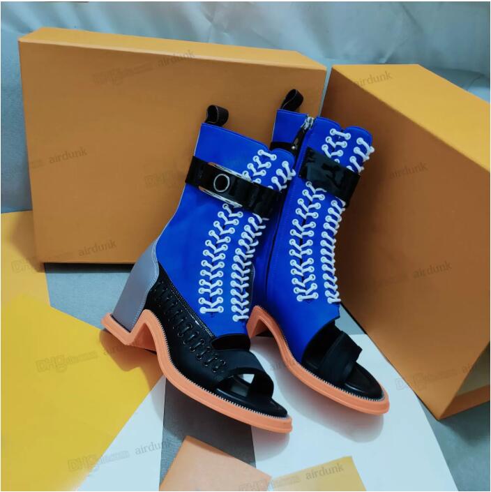 

Half Boot Ankle Boots Women Moonlight Spring Summer Open Toe Sturdy Heel Soft Gold Silk Calfskin With Metal Zip Around Outsole Woman Botte 35-41 Size 01