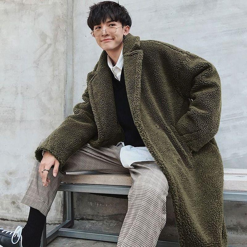 

Men's Down Winter Men Jackets Lamb Wool Plus Cotton Thickened Lapel Long Coats Solid Korean Fashion All-match Street Warm Man Clothes, Green
