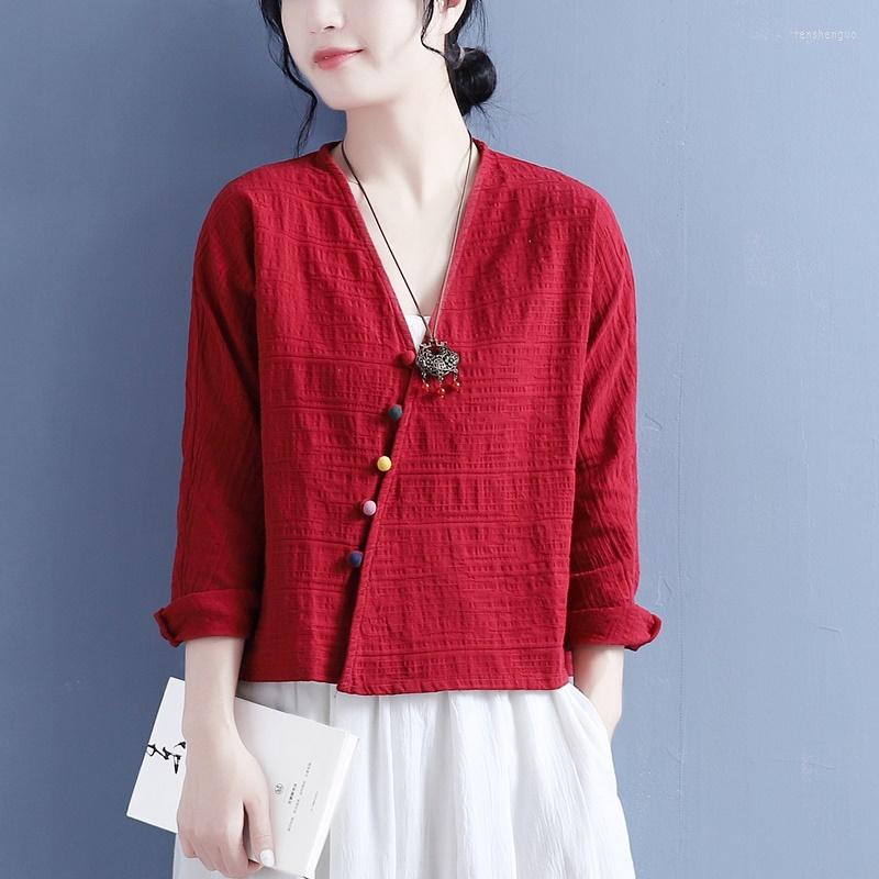 

Ethnic Clothing 2022 Spring Chinese Style Women Vintage Cotton Linen Shirts And Tops Long Sleeve Button Loose Blouses KK4372