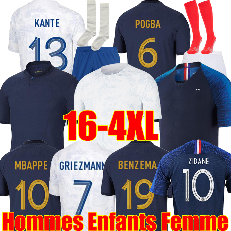 

4XL Maillots de football 2022 French Soccer Jerseys World Cup BENZEMA Football shirts MBAPPE GRIEZMANN POGBA kante maillot foot kit retro 18 ZIDANE hommes enfants, 2018 home