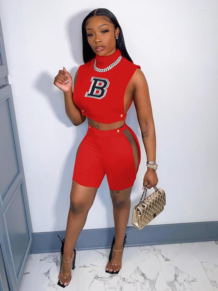 

Women's Tracksuits High Street Women's Tracksuit Letter B Embroidery Sleeveless Crop Top And Side Hollow Biker Short Summer Casual Two, Red